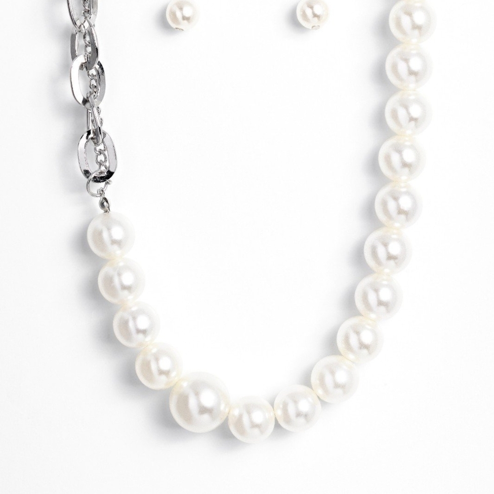 Paparazzi White and Silver Necklace Timeless Elegance My Pearl Fashion Jewelry